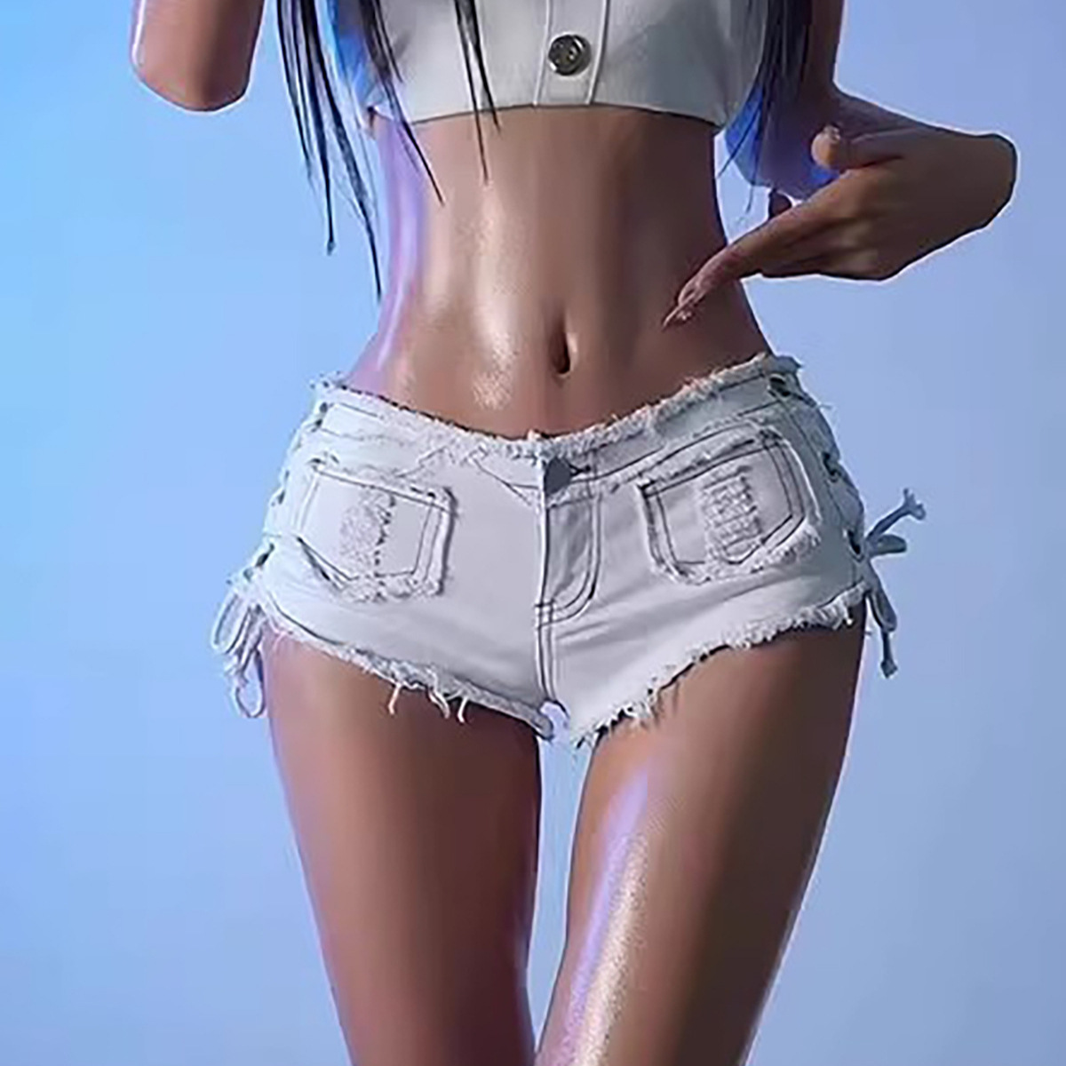 Hot Girl Nightclub Side Cut Out Lace-Up Denim Edge-Rubbing Ultra-Short Pants for Women Summer Tight Low-Waist Raw Edge Butt-Lifting Hot Pants