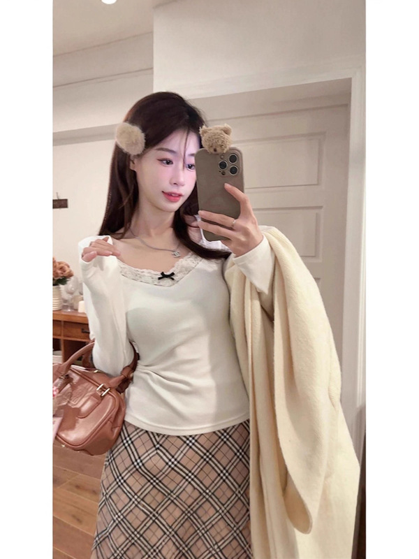 螺纹德绒长袖T恤女秋冬夏季修身加厚打底衫蝴蝶结保暖上衣外穿ins|undefined