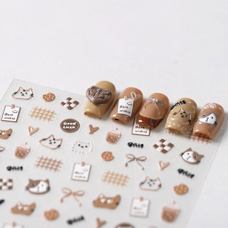 Cute Maillard Kitten Nail Art Stickers Simple Bow Student Nail Pen Holder iPad Handbook Guka Stickers