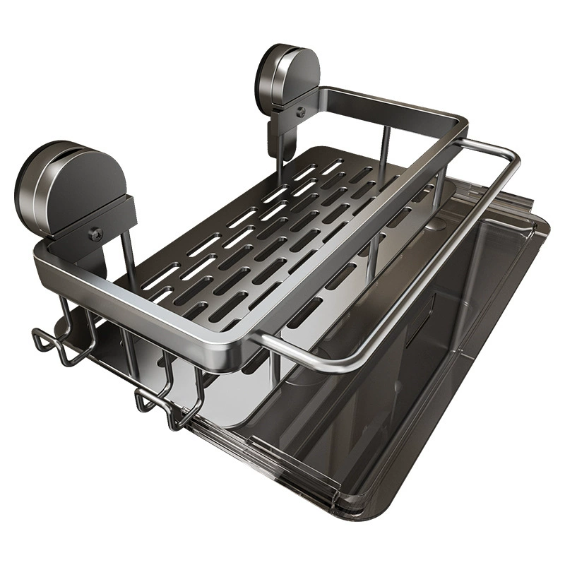 得艺 Suction Cup Wall-Mounted Kitchen Storage Rack with Hooks and Water Tray
