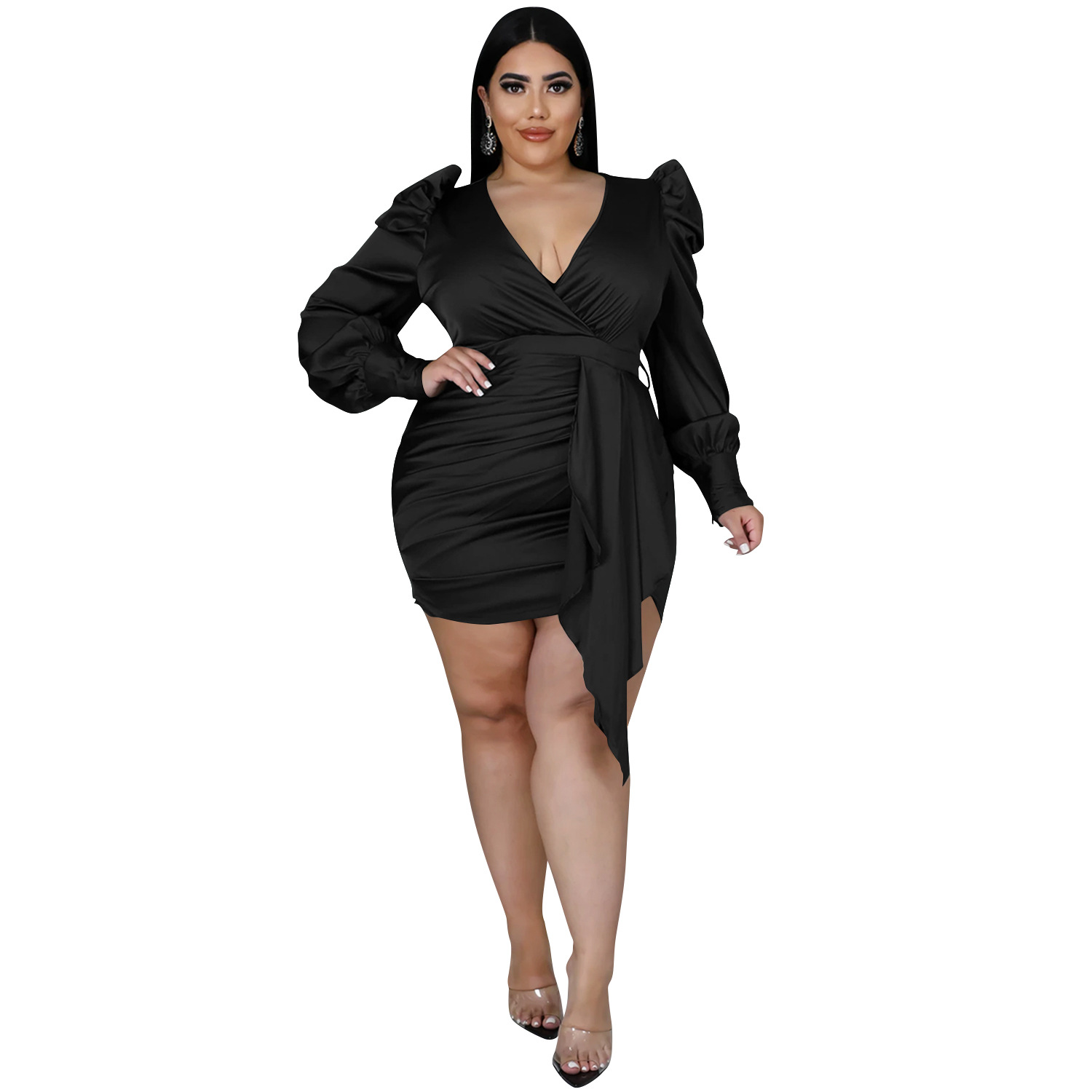 Solid Color Plus Size Deep V Long-Sleeved Pleated Dress NSXYZ110904