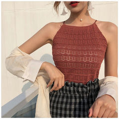 Summer New Women's V-Neck Knit Hollow Pattern Tank Top Slim Fit Backless Top Can Be Worn Alone Versatile Base Top