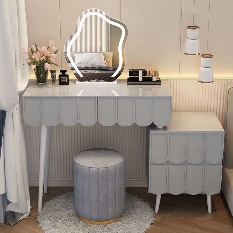 Mesa gris 101 + Gabinete + espejo de nubes + taburete redondo gris