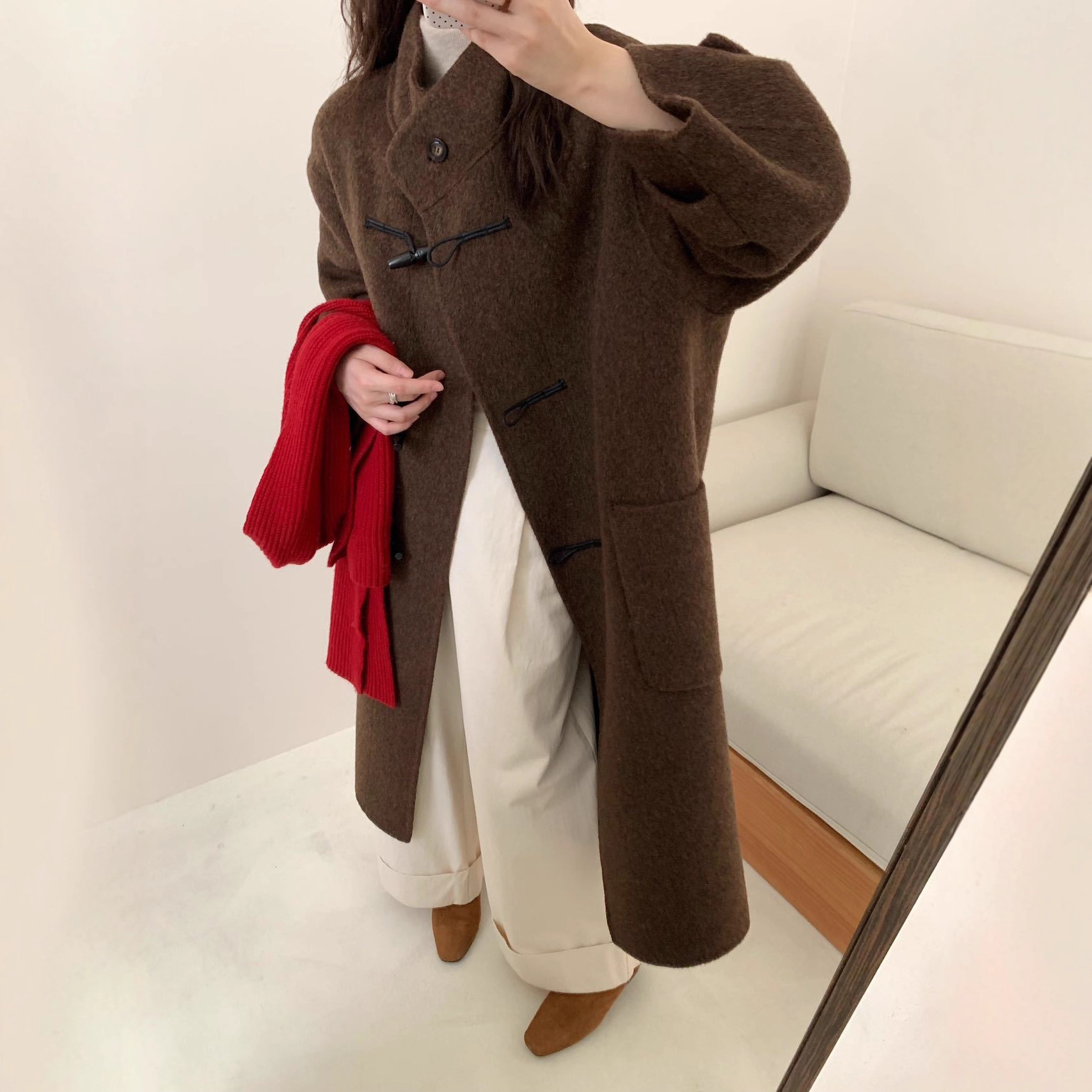 2025 New Autumn and Winter Wool Horn Button Stand Collar Double-Sided Cashmere Woolen Outwear Women's Mid-Length Cocoon-Shaped Woolen Outwear