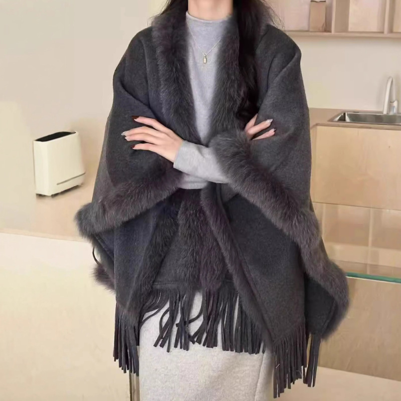 Celebrity Elegant Fox Fur Splicing Tassel Shawl Outwear Women's Winter New Double-Sided Wool Loose Cape Outwear