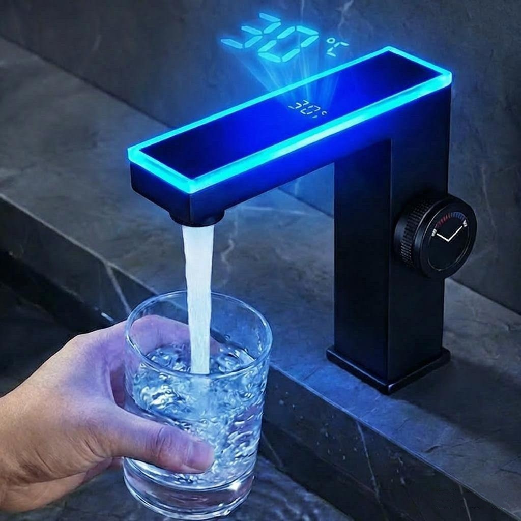 Smart Digital Display Hot and Cold Water Faucet with Led Ambient Light for Bathroom Washbasin, Household Countertop Basin, Single-Hole Model
