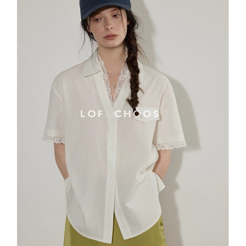 Lofi Chose a Stylish Lace-Trimmed V-Neck Short-Sleeve Shirt for Women, New Summer Fashion, Loose Fit, Slimming Top