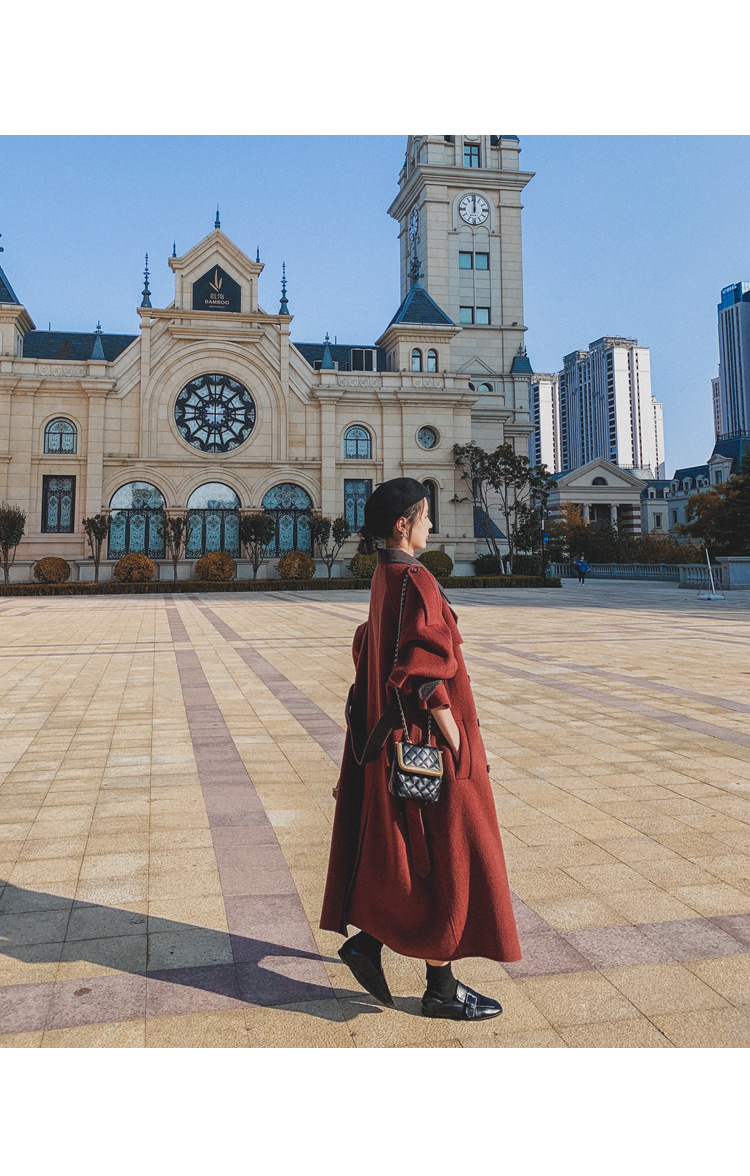 Women's Long Woolen Coat Brick Red Hepburn Style Winter Overcoat_voghion.com