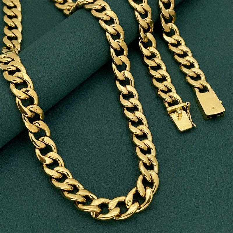 Bijou pour homme très demandé pour le commerce transfrontalier : Collier chaîne cubaine à maillons coupés sur le côté, 10 mm, 75 cm, cuivre plaqué or, sous vide_voghion.com