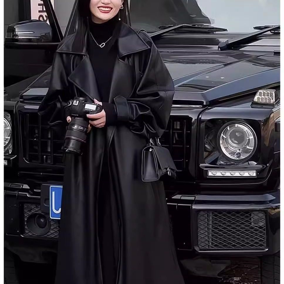 2026 Spring and Autumn New Minimalist Fashion Trend Over-The-Knee Leather Jacket for Women with Dark Chic Style Fashionable Coat