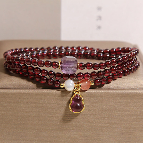 Natural Garnet Multi-layer Bracelet for Women, Light Luxury, Unique, High-end, Fortune-bringing and Luck-changing Amethyst Gourd Beads Bracelet