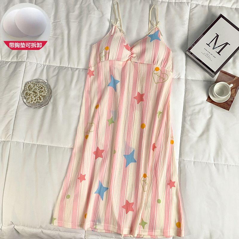 Con almohadilla para el pecho, camisón para el hogar, falda media para mujer, linda estrella a rayas, dulce casual, verano nuevo camisón fino al por mayor