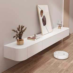 Hanging TV cabinet solid wood wall-mounted rock plate bedroom living room cream style small apartment White hanging TV cabinet