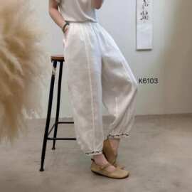 绣花裤脚亚麻休闲裤女夏季2026时尚女裤纯色高腰宽松百搭哈伦裤