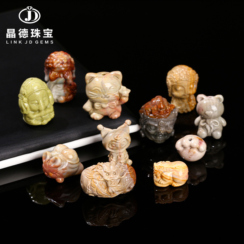 晶德珠宝 天然阿拉善玛瑙雕刻件圆珠猫爪貔貅diy饰品配件散珠批发