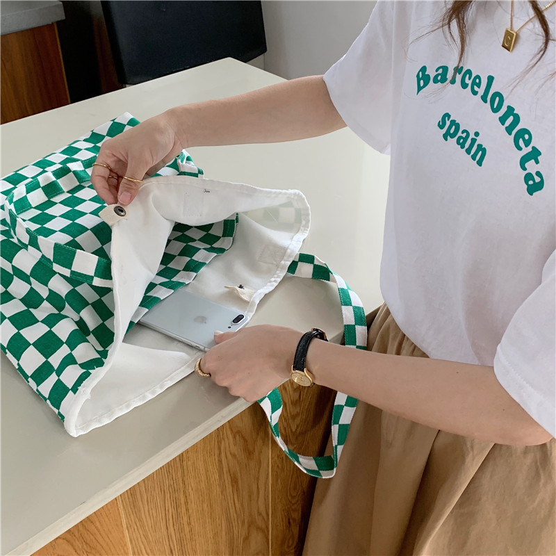 【 In Stock 】18181 checkerboard green checkered canvas bag, school-style commuter single-shoulder bag, retro hand-held tote bag undefined