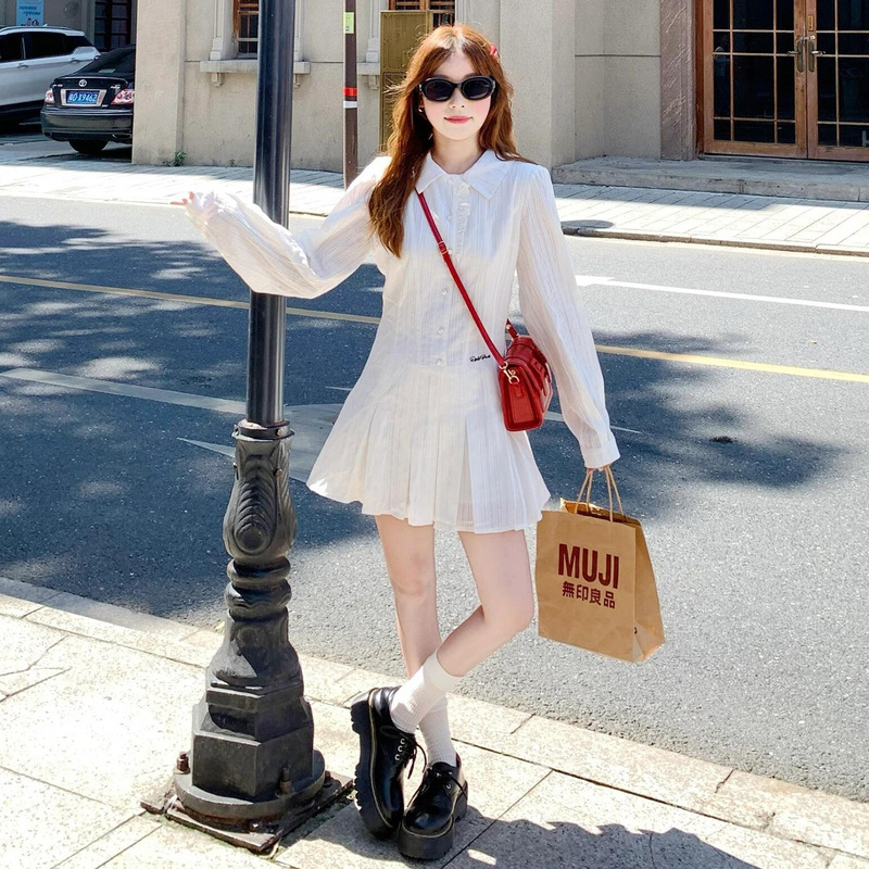 French-Style White Long-Sleeve Shirt Dress 5 New Early Autumn Petite College Style Miu Series Short Dress