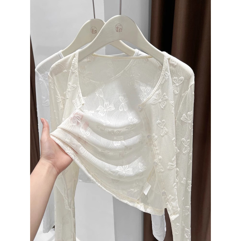 New Chinese Style Sun Protection Clothing for Women, Long-Sleeved Winter Thin Cheongsam with Lace Shawl Cardigan and Suspender Skirt Blouse