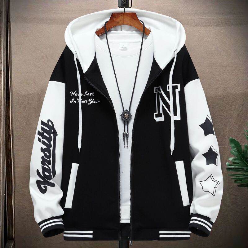 Super Good Quality Men's Trendy Cardigan Sweatshirt Versatile Hooded Sweatshirt Jacket 2023 Spring and Autum New Trendy Brand Black and White Patchwork