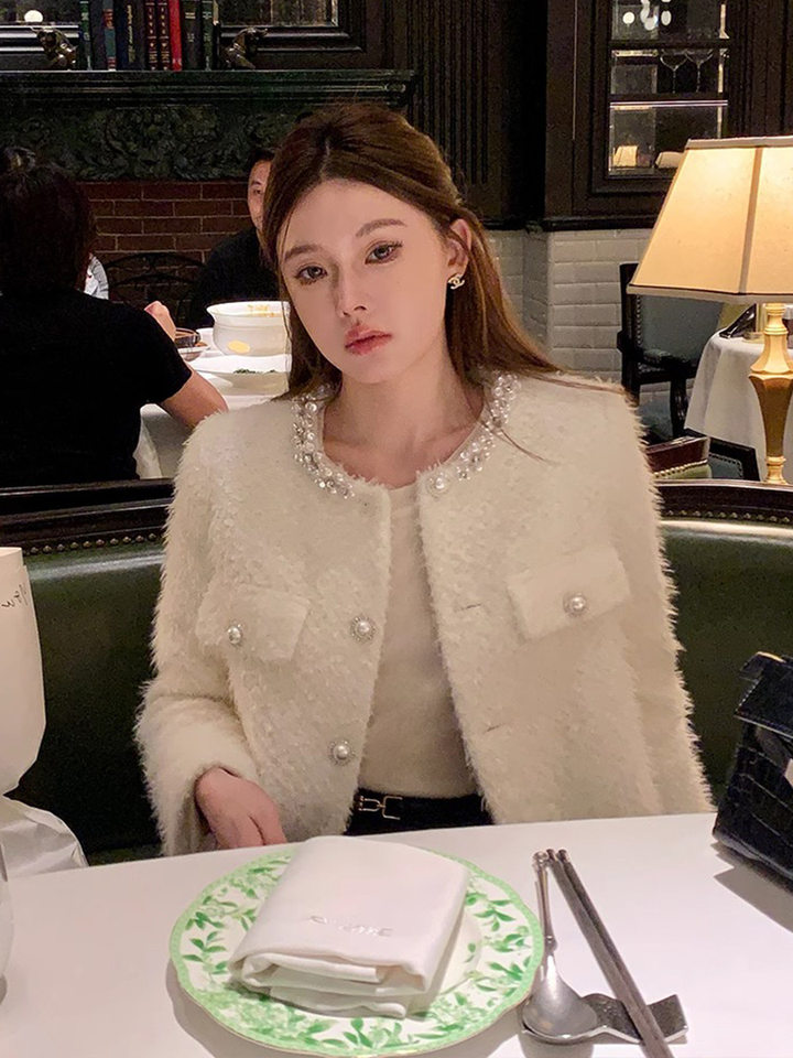 Áo khoác nữ dáng cardigan dày cổ tròn viền ngọc trai phong cách thanh lịch — Kiểu dáng thông thường màu trắng ngọc trai, Kiểu chần bông màu trắng ngọc trai chi tiết 4