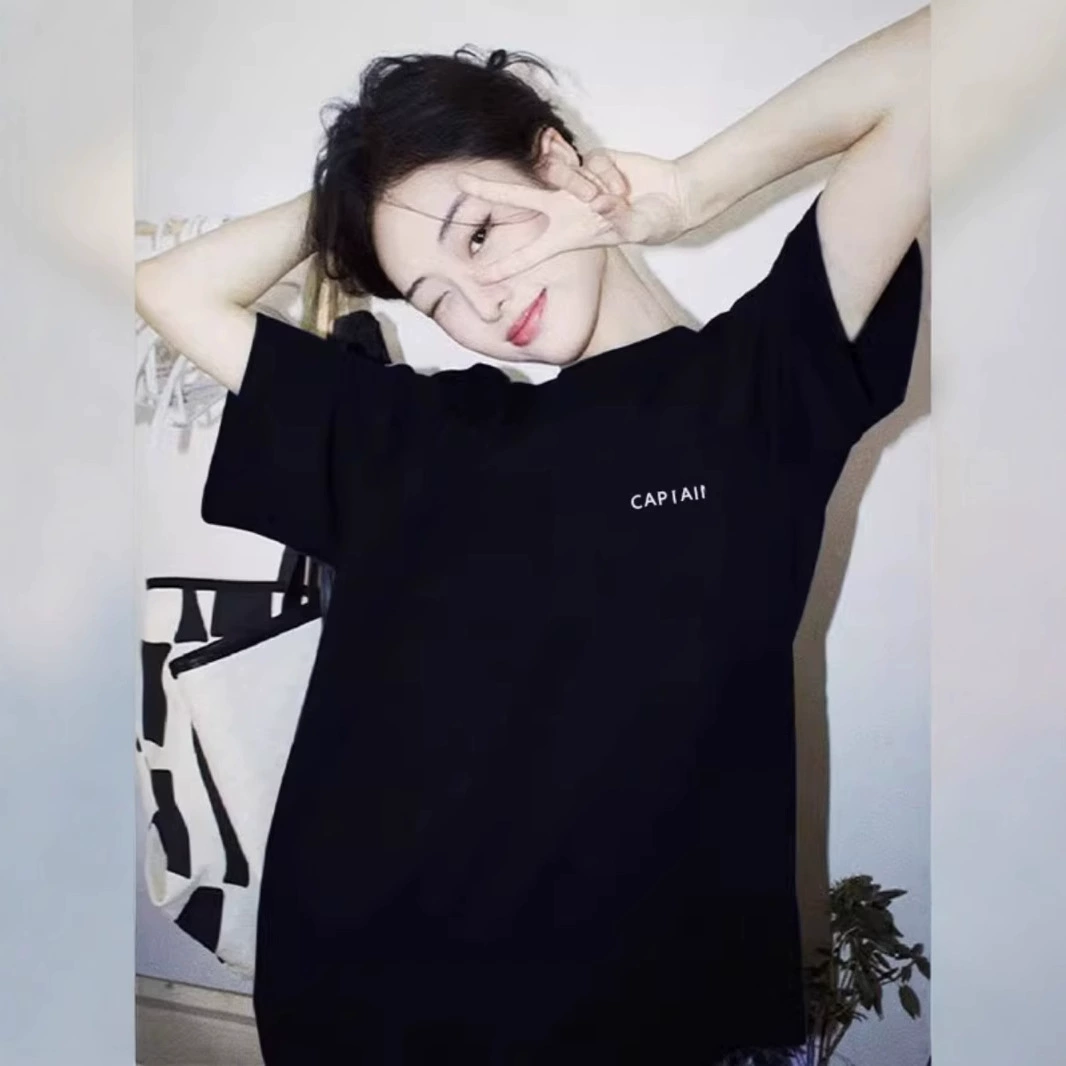 Внешняя торговля, трансграничная футболка из чистого хлопка с короткими рукавами, женская летняя свободная рубашка средней длины в американском стиле ретро с принтом, черная рубашка с верхом и низом