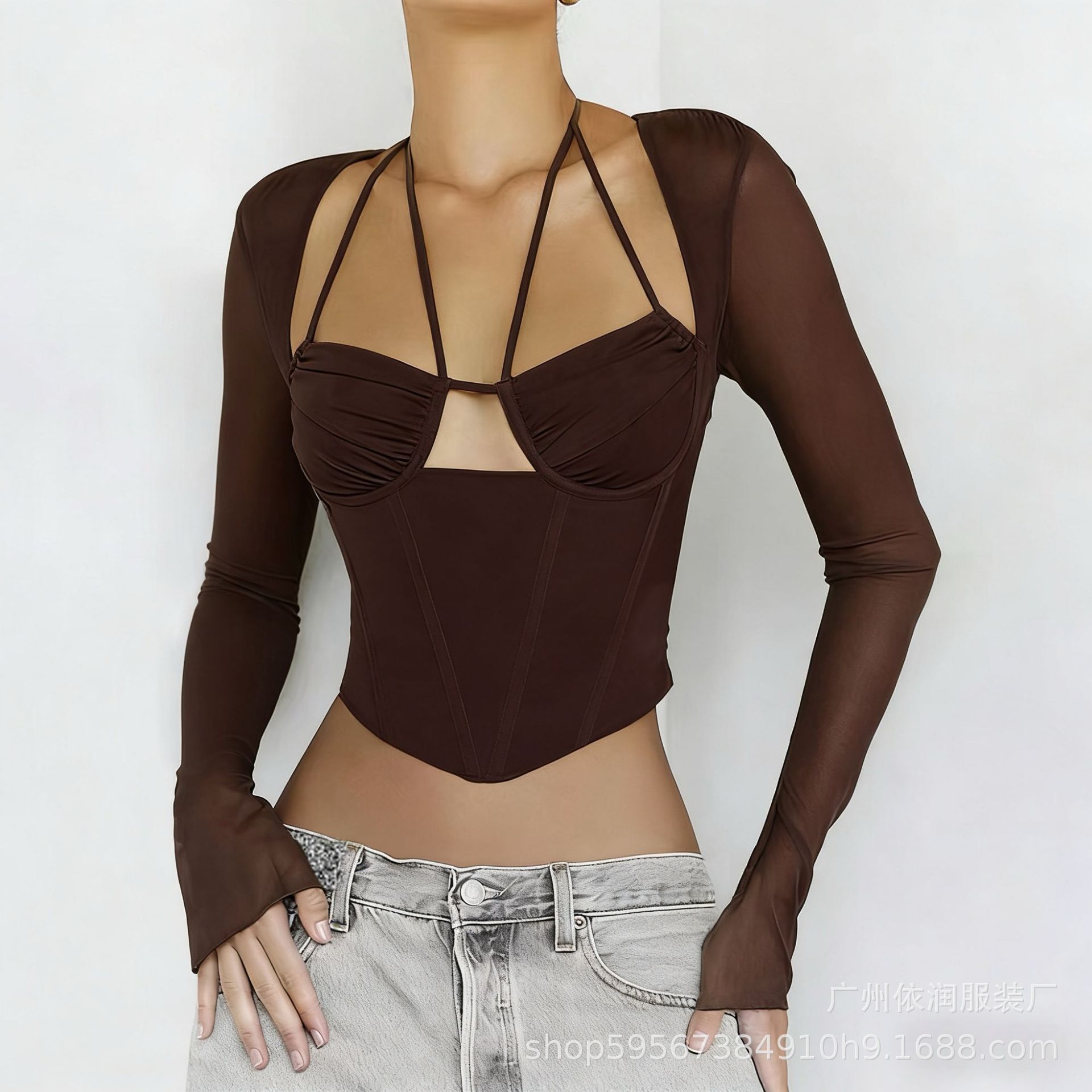 Comercio exterior Europa y Estados Unidos primavera y otoño nuevo chaqueta cuello cuello colgando anillo de acero de hueso de tiburón perspectiva sexy mostrando el pecho malla camisa de manga larga image 10