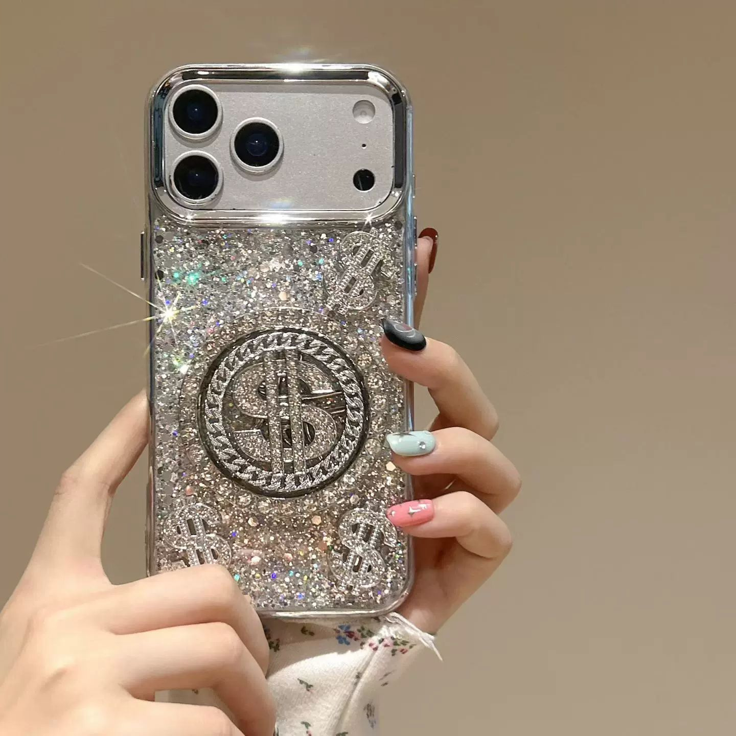 适用苹果18promax手机壳iphone17滴胶闪粉转盘美元发财16pro新款X