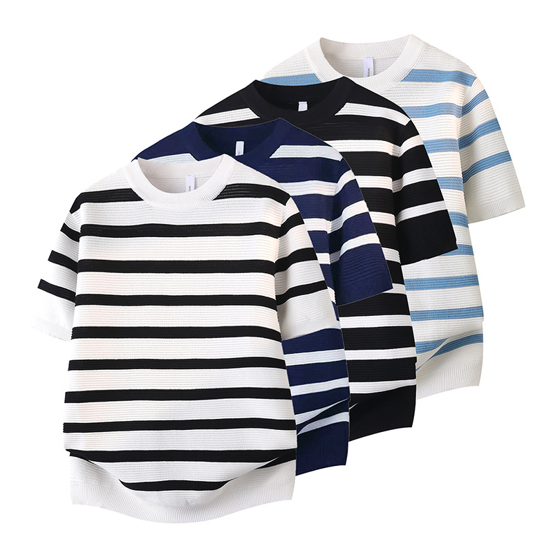 Camiseta de punto a rayas de cuello redondo de manga corta para hombres de color antiguo estilo de negocios de seda de hielo al por mayor fábrica transfronteriza