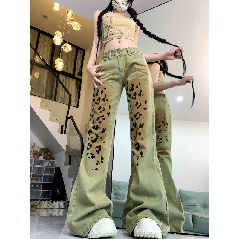 2024-май Американский высокий стрит горячая девушка ретро леопардовый принт микро-нишевые джинсы женские новые узкие брюки