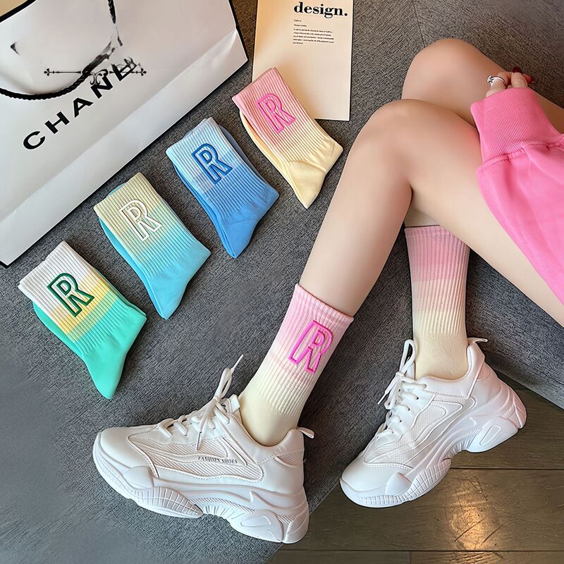 Internet Red Letter R Gradient Color Mid-Tube Trendy All-Match Sports Pure Cotton Ins Trendy Socks Spring and Autumn Dopamine Socks for Women
