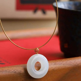 Jade Crafts Natural Xinjiang Hetian Jade Qinghai Material Mutton Fat Grade White Jade Safety Ring Pendant Women's Clavicle Chain