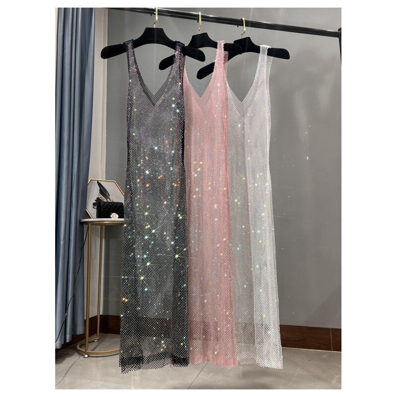 Rhinestone Party Dress, Tank Dress with Deep V-Neck, Sexy Long Mesh Rhinestone Slip Dress, Slimming and Sparkling Long Dress for Women