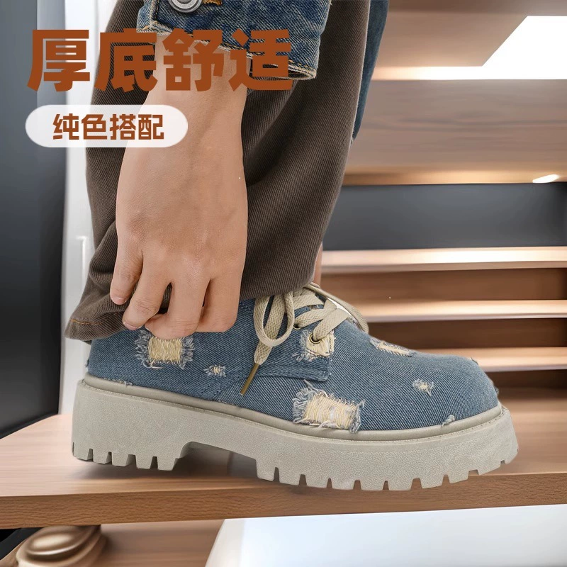 2025 новые джинсовые сапоги с дырами ретро британский стиль Мартин сапоги сапоги одиночные сапоги с толстым дном ковбойские сапоги