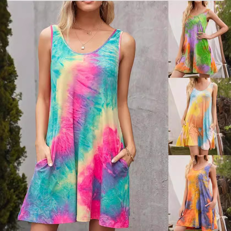 Amazon Wish Summer European and American Clothing Sleeveless Round Neck Short Sleeve Flap Pocket Pants Tie-Dye Printed Vest Dress