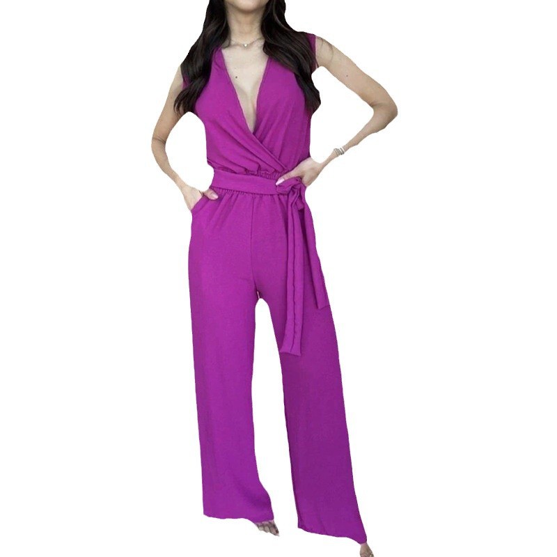 Ropa de mujer europea y americana 2024 primavera nuevo color sólido con cuello en V sin mangas con cordones cintura alta suelta pierna ancha Pantalones de mujer