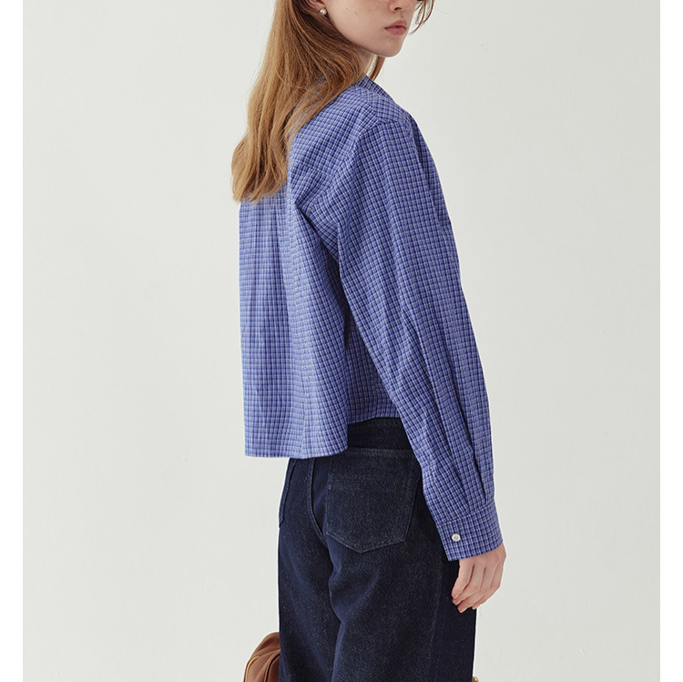 미라 블루 프랑스 격자 무늬 셔츠 2024 초기 가을 하이 엔드 느슨한 짧은 면 탑
