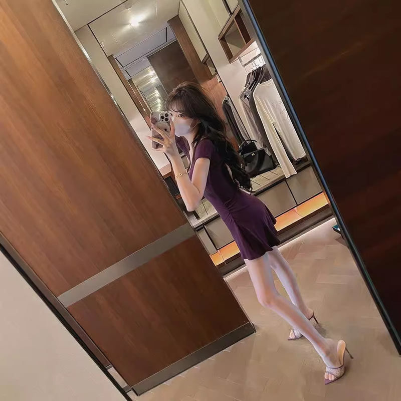 Sweet Spice Girl U-neck Short-sleeved dress Summer Women's Pure Desire A- line Slim-fit Waisted Slim-fit Short Skirt Sweet Spice Girl U-neck Short-sleeved dress Summer Women's Pure Desire A- line Slim-fit Waisted Slim-fit Short Skirt