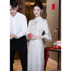 白色订婚旗袍新中式领证登记小白裙日常小个子连衣裙礼服绝美长袖