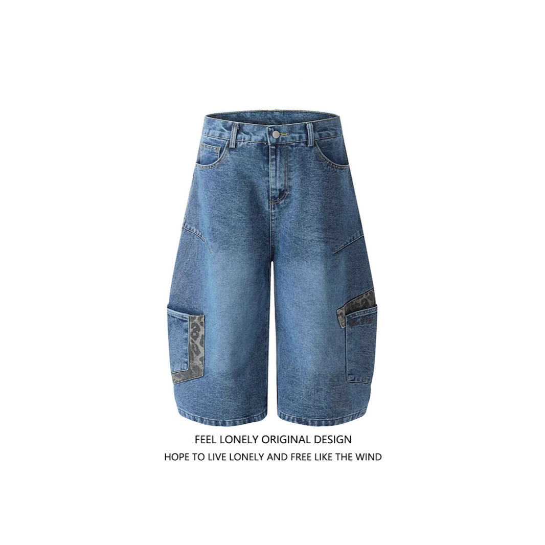 Cross-border American Camouflage Stitching Machete Denim Shorts Men's Street Retro Washed Loose Casual Wide-leg Cropped Pants