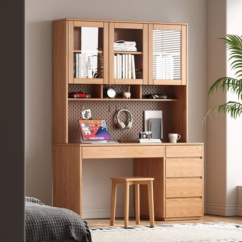 Oak Solid Wood Desk Bookshelf Integrated Table with Drawer Bookcase Study Simple Small Apartment Desk Bookcase Combination