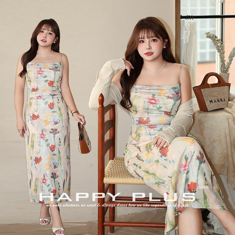 Runqi Plus Size Cloudy Tulle Blue Dream Print Strap Dress 8849 French Elegant Strap Dress for Slightly Chubby Figures