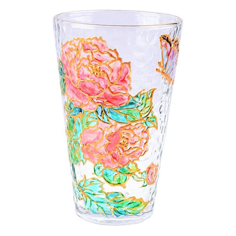 Materiales DIY para pintar vasos de vidrio a mano, pintura decorativa con textura martillada y bordes dorados, materiales DIY para pintar sobre vidrio.
