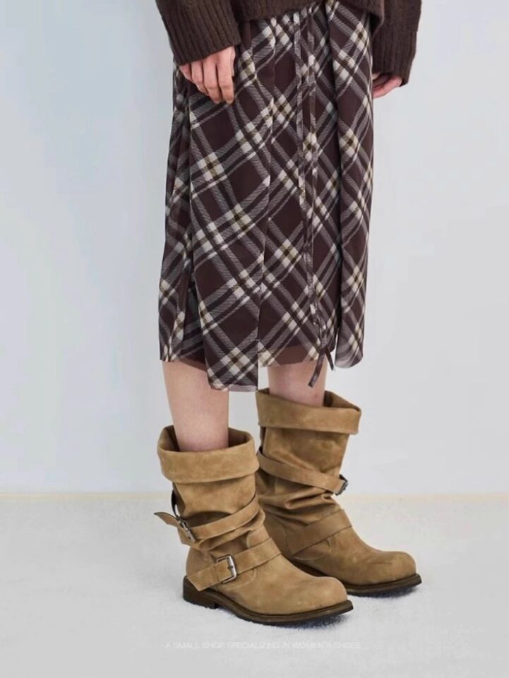 Bốt nữ da bò thật xử lý giặt màu phong cách retro, khóa thắt lưng, cổ trung, gót vừa 3–5 cm — Kaki, Màu nâu, Màu đen (màu chà xát) chi tiết 8