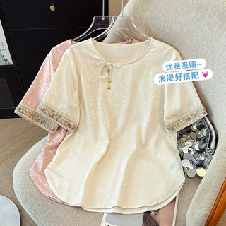 实拍新中式温婉提花圆领盘扣短袖宽松小衫2026夏季新款女简约百搭