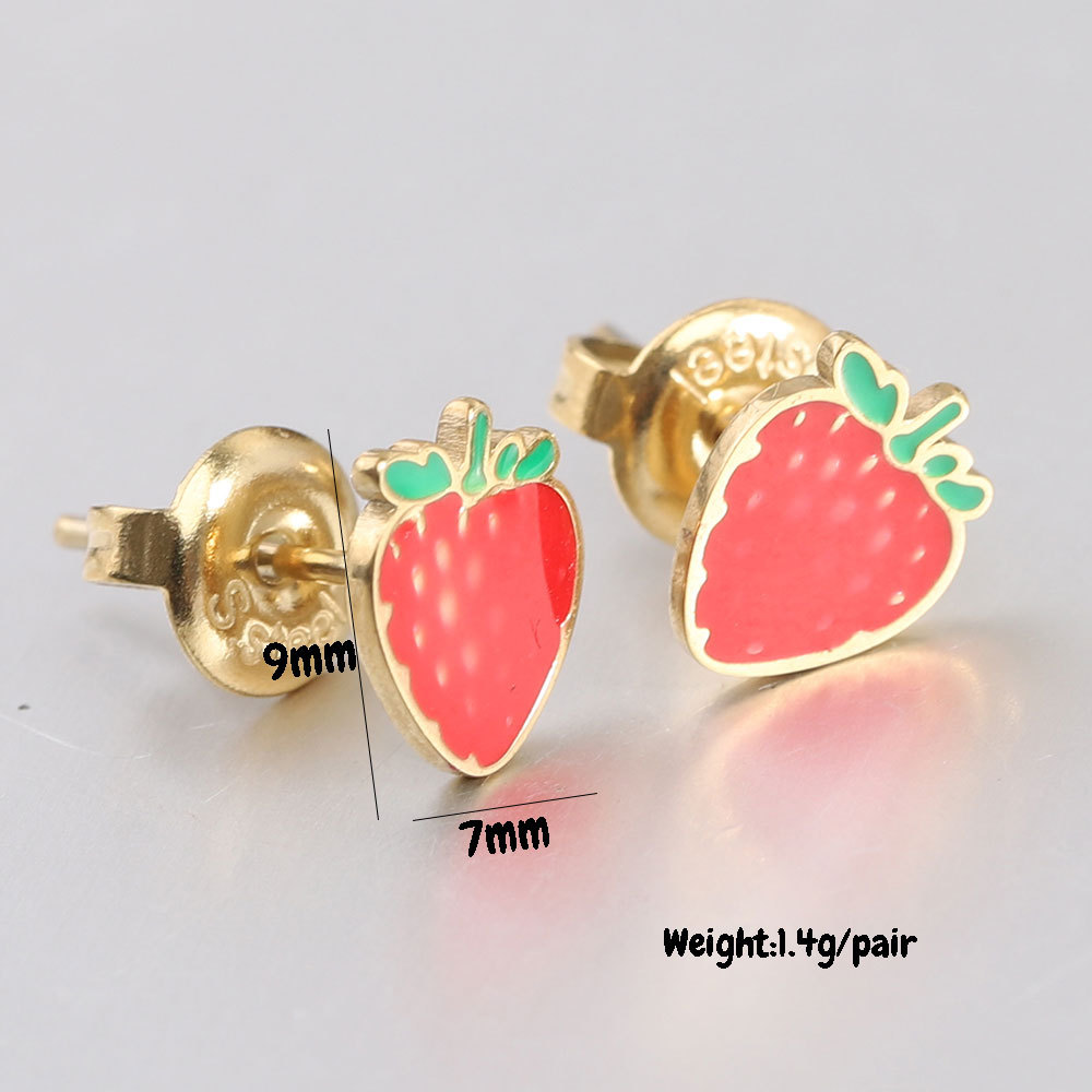 Titanium Steel Ear Needle Material 1 Pair Simple Style Cherry Heart Shape Strawberry Enamel Titanium Steel Ear Studs