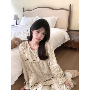 Real Shot Cute Korean Style Lace Court Style Floral Corduroy Home Clothes Pajamas suit