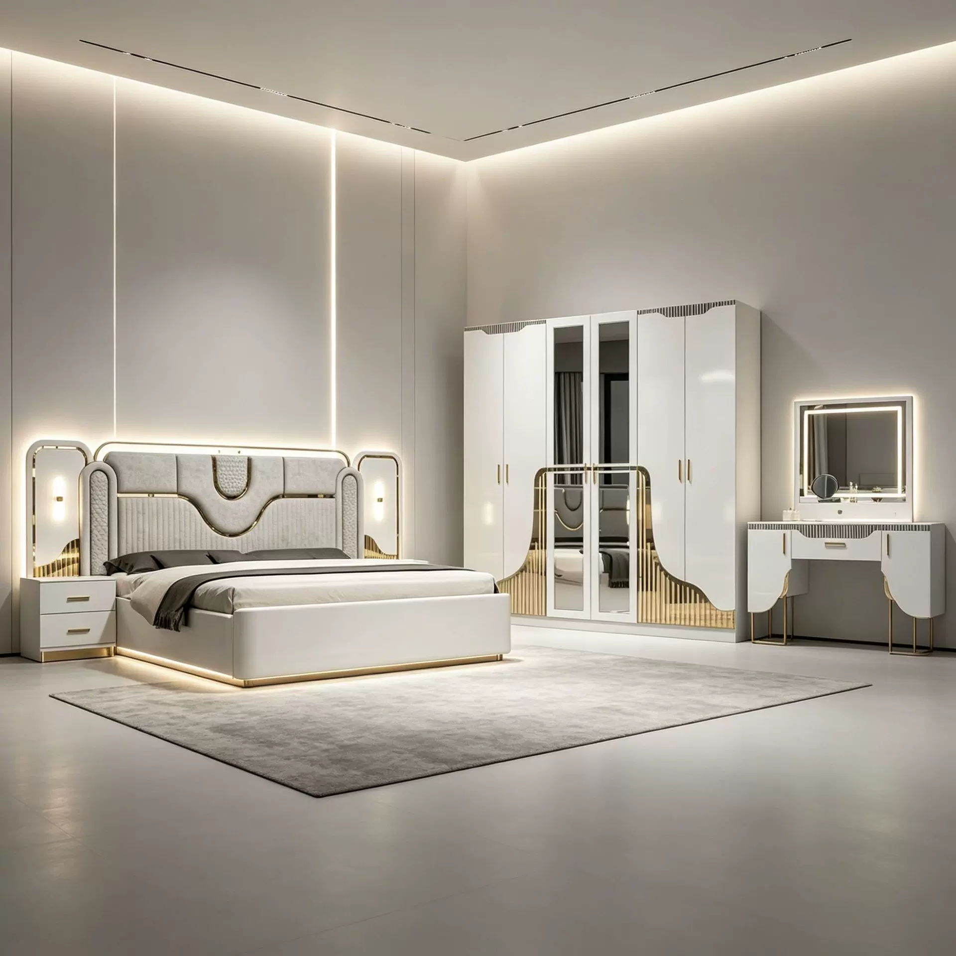 TNBKTFZ109 主卧轻奢成套卧室家具 软包床 带镜衣柜 梳妆台组合