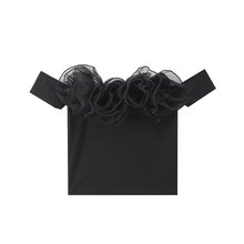 批发2024新款女装一字领小短袖花朵装饰黑色背心上衣YY4-688欧美