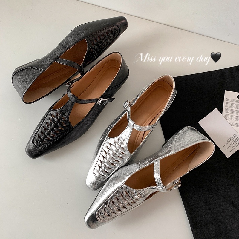 Giày Mary Jane nữ đan T-Strap da thật mũi vuông đế bệt — màu đen, bạc chi tiết 70