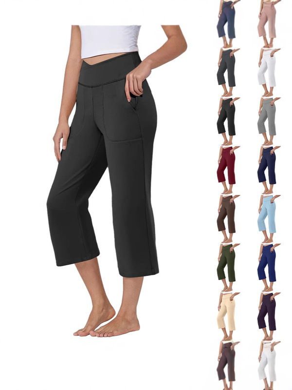 2025 Cross-Border European and American New Women's Solid Color Wide-Leg Cropped Pants with Pockets, Tummy Control, High-Waisted Sports Yoga Pants for Women